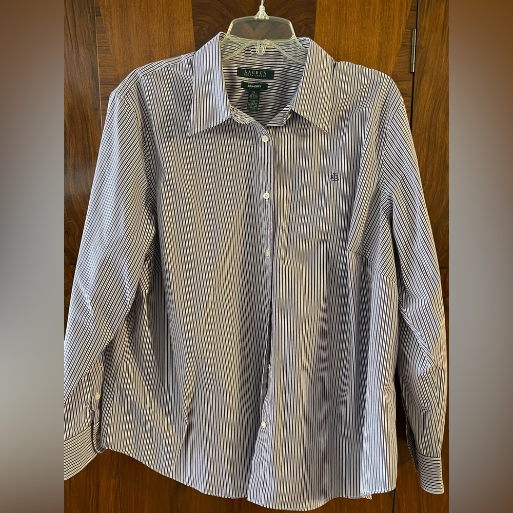 Ralph Lauren men’s dress shirt. White with purple & lavender strips.